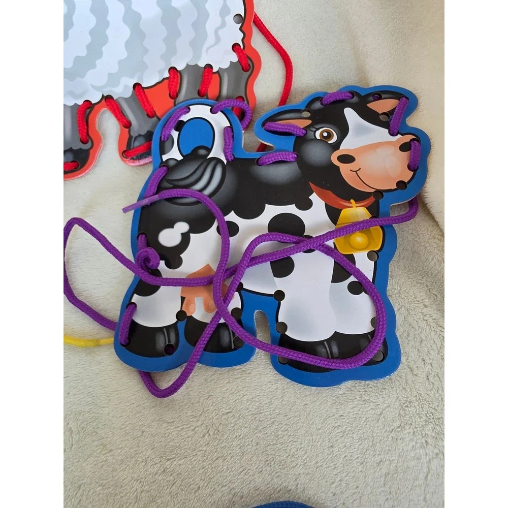 Wooden Farm Animal Lacing Cards Set Montessori Educational Fine Motor Toy 5pc